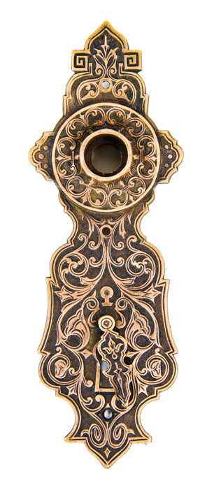 remarkable c. 1870'a american high victorian ornamental cast bronze residential doorknob backplate with intact swinging keyhole cover