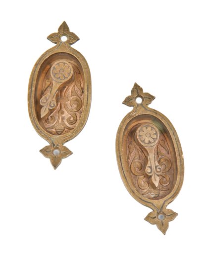 two matching c. 1870's american victorian diminutive ornamental cast bronze interior residential pocket door "lever" cup handles
