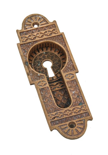 original c. 1880's american victorian era ornamental cast bronze residential pocket door escutcheon with deeply recessed "cup" handle