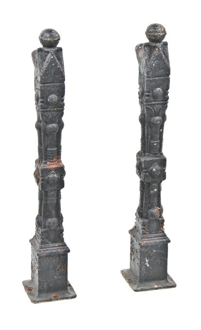 matching set of original 19th century american victorian era ornamental cast iron black enameled exterior newel posts