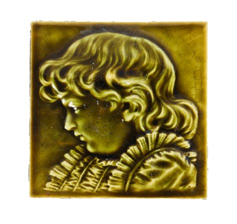 original 19th century american victorian era olive green majolica glazed bust-length child portrait fireplace tile