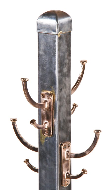 c. 1930's refinished vintage american industrial freestanding heavy gauge steel office coat rack with cast bronze double hooks