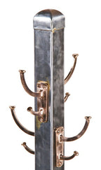 c. 1930's refinished vintage american industrial freestanding heavy gauge steel office coat rack with cast bronze double hooks