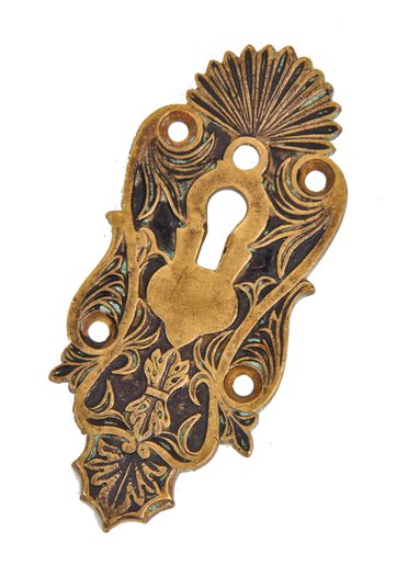 hard to find c. 1870's american victorian era ornamental cast brass single keyhole escutcheon or backplate