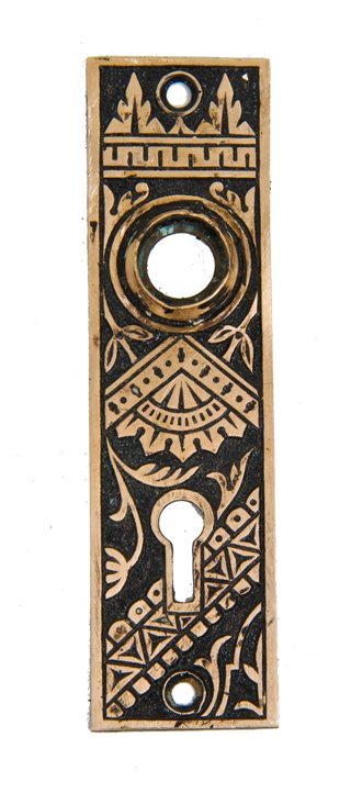 original 19th century antique american eastlake style "oriental" pattern ornamental cast brass doorknob backplate