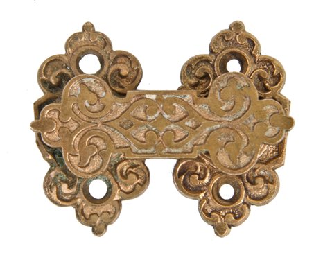 original and intact c. 1870's american victorian era ornamental cast bronze residential window shutter bar or latch