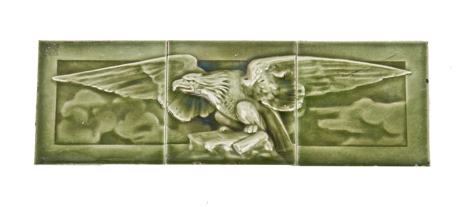 19th century antique american mottled green glazed three-piece fireplace tile set featuring a spread-winged eagle