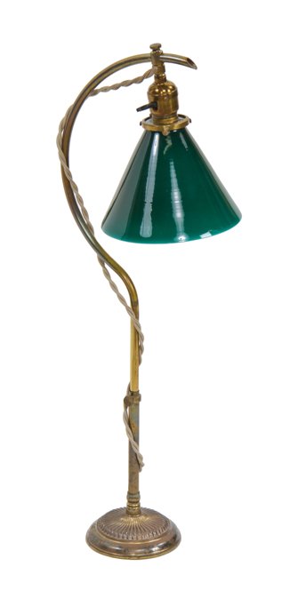 early 20th century american industrial tubular brass factory office c-arm adjustable desk or table lamp with emeralite cased glass shade