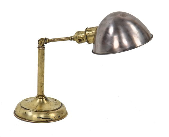 c. 1920's american vintage industrial yellow brass tubular arm table or desk lamp with brushed steel faries parabola-shaped reflector