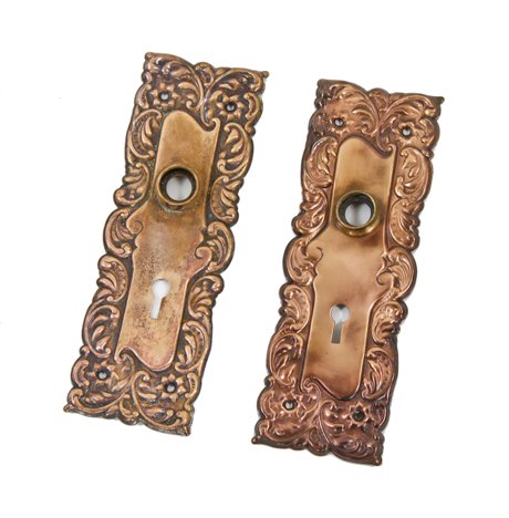 matching set of original late 19th century stamped ornamental bronze "eulia" pattern doorknob backplates