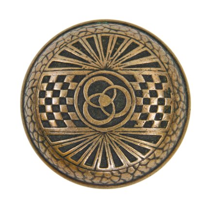 visually striking late 19th century cast brass banded rim doorknob featuring a borromean ring design mofif