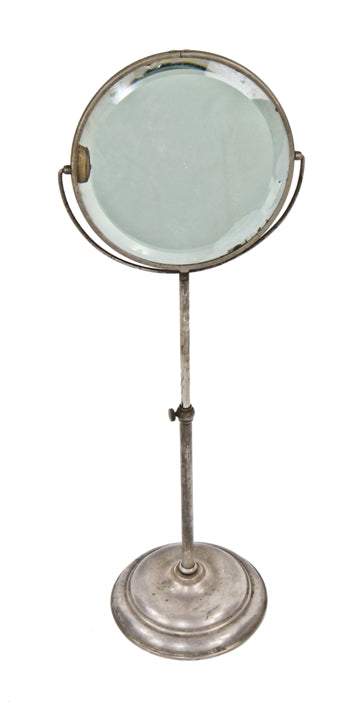 early 20th century original and intact single-sided telescoping countertop or table swivel mirror with nickel-plated bronze pedestal base