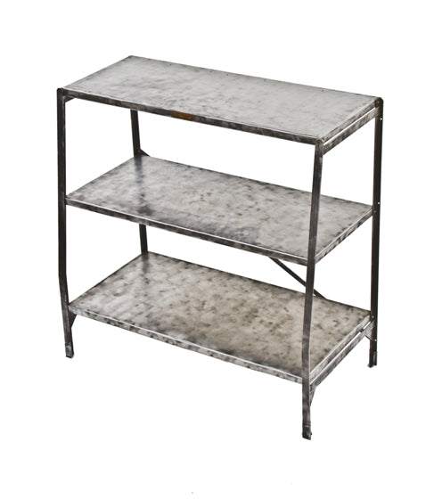 refinished c. 1920's vintage american industrial "bulman" three-tier pressed and folded heavy gauge steel display rack