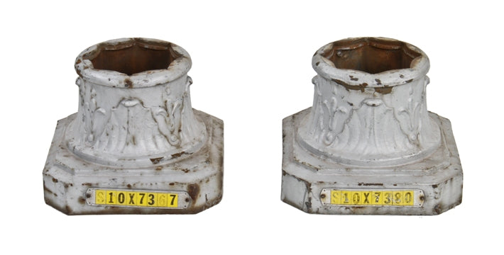 original and remarkably intact matching set of early 20th centurysalvaged antique painted ornamental cast iron detroit city street lamp post pedestal bases