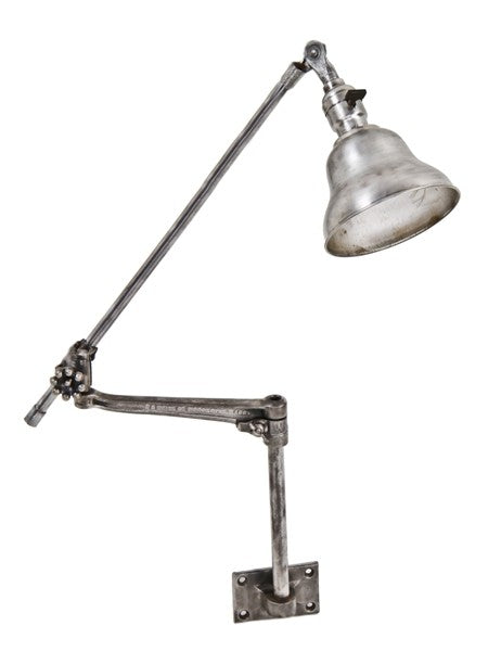 completely refinished intact early 20th century antique american industrial o.c. white wall or desk mount steel and iron articulating machinist lamp with swinging bracket