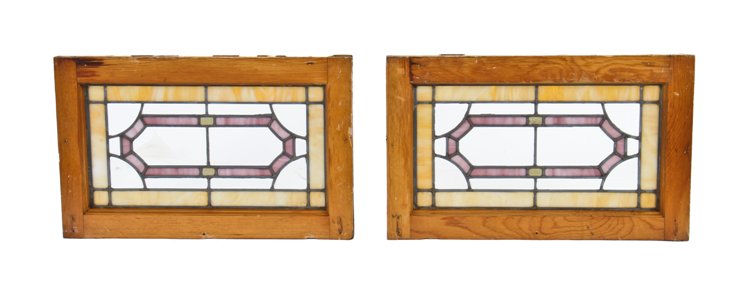 two matching c. 1930's american craftsman style interior residential chicago bungalow leaded art glass transom windows