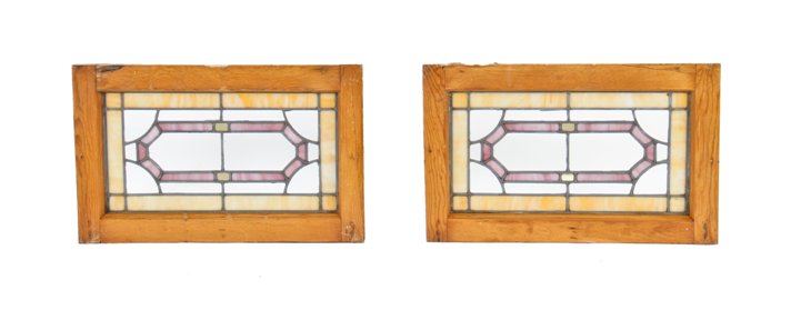 pair of original c. 1930's american craftsman style chicago bungalow interior residential leaded art glass transom windows