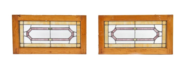pair of all original c. 1930's american craftsman style chicago bungalow leaded art glass transom windows with mirrored gold leaf accent