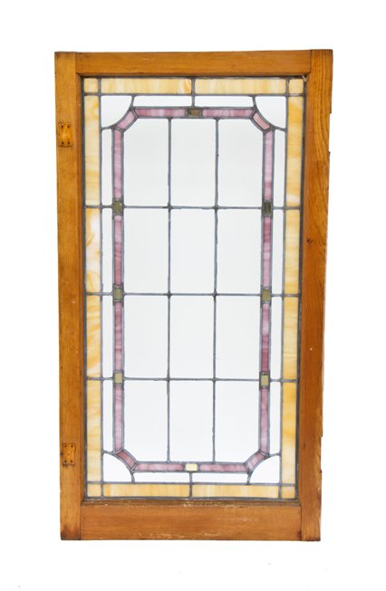 original c. 1930's american craftsman style interior residential varnished wood frame leaded art glass casement window