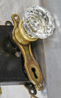 c. 1930's interior residential passage door "national" lockset with original pressed "crystal" glass doorknobs