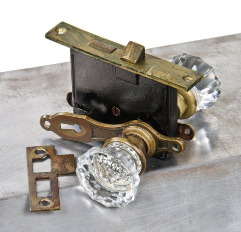 c. 1930's interior residential passage door "national" lockset with original pressed "crystal" glass doorknobs