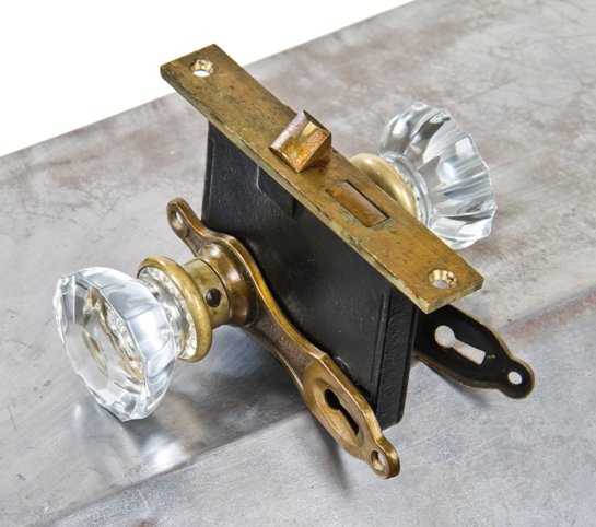 functional c. 1930's american interior residential chicago bungalow passage door lockset with "crystal" glass doorknobs