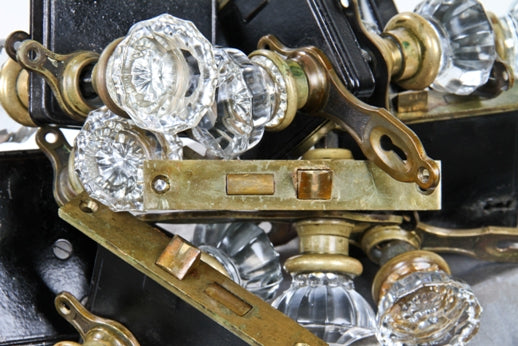 complete c. 1930's american chicago bungalow interior passage door lockset with pressed "crystal" glass doorknobs
