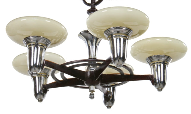visually compelling late 1920's american art deco machine age five light polished chrome ceiling light fixture