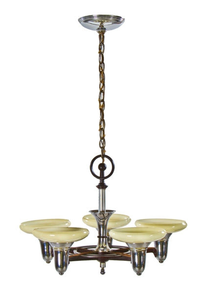 visually compelling late 1920's american art deco machine age five light polished chrome ceiling light fixture