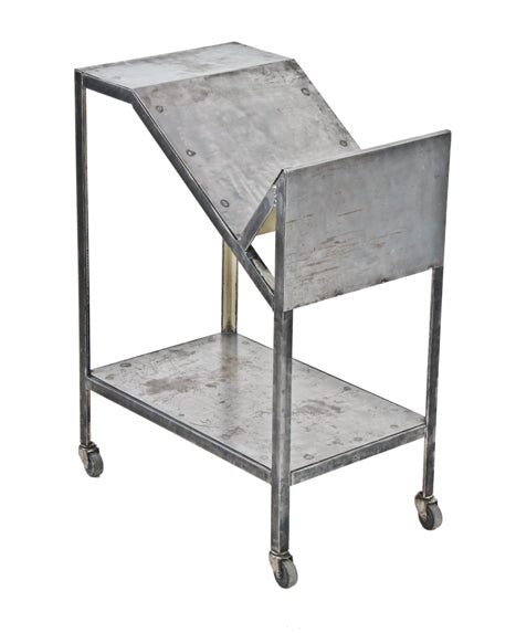 unusual c. 1930's custom-built heavy gauge highly specialized angled front factory cart with brushed metal finish