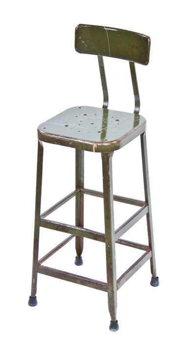 late 1940's oversized american industrial olive green enameled "lyon" factory machinist angled steel stool with backrest