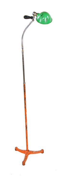 fully adjustable c. 1930's american industrial freestanding machine shop floor lamp with black painted turned wood handle grip