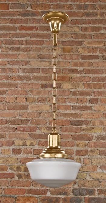 original american c. 1930's depression era interior hanging woolworths single light pendant fixture with "schoolhouse" globe