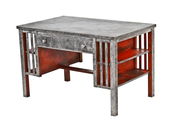 very rare c. 1915-20 american mission style double-sided heavy gauge steel library or student desk with two pull-out drawers