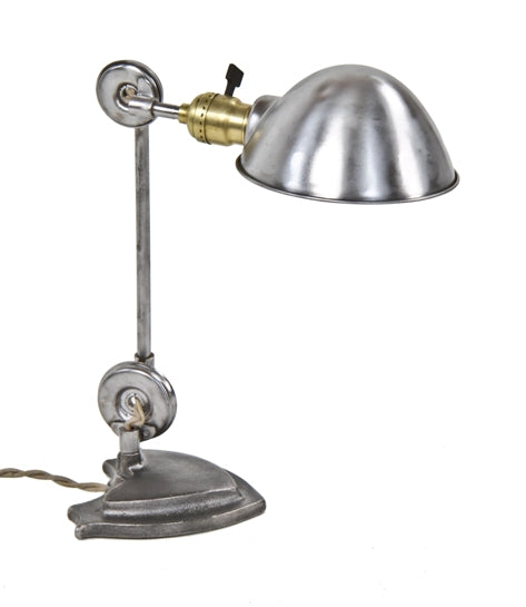 refinished c. 1920's vintage american industrial "edon esrobert" pressed and formed pivoting flat disc steel joint articulating arm desk lamp