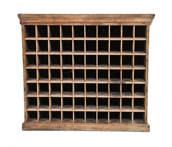 late 19th century freestanding american primitive "pigeon hole" railroad depot cabinet with worn and weathered finish