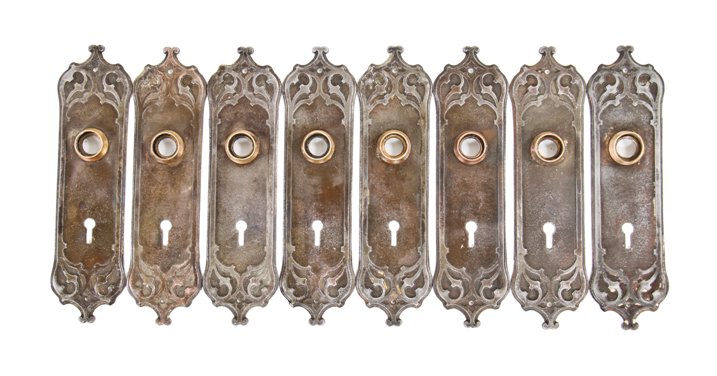 large lot of matching american 19th century interior monadnock building closet or utility door cast iron doorknob backplates