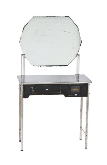 freestanding c. 1930's american art deco black enameled barber or beauty parlor desk or workstation with original faceted mirror