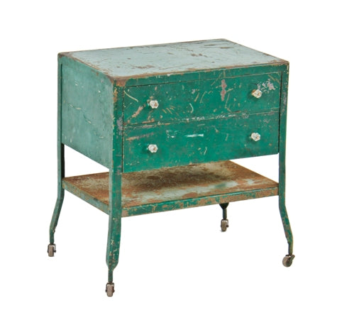 largely intact c. 1920's vintage american industrial low-lying mobile two-drawer steel cabinet with weathered green paint finish