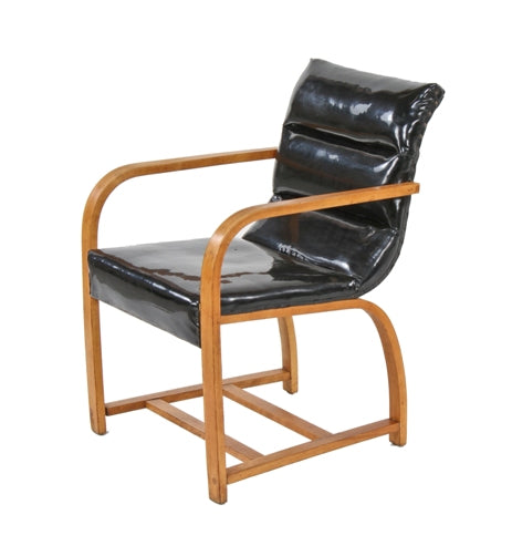 intact american streamlined mid-century modern bent varnished wood side chair with black upholstery and horizontal pleats