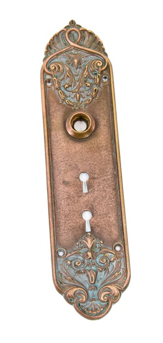 late 19th century ornamental cast bronze exterior residential doorknob backplate with double keyhole configuration