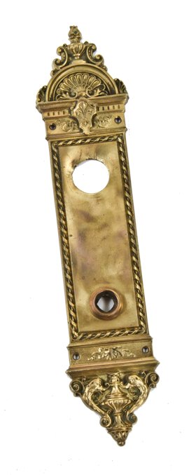 original early 20th century antique american ornamental cast brass "blois" pattern residential entrance door backplate