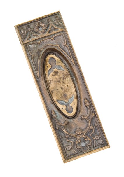 heavily ornamented late 19th century american gothic revival cast brass interior residential pocket door backplate