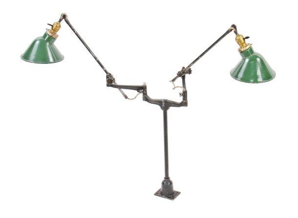 highly desirable early 20th century american industrial black enameled cast iron double arm "white portable" work bench articulating task lamp