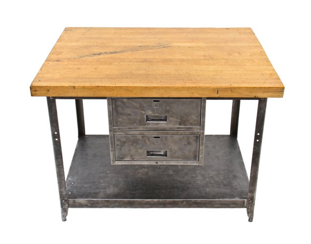 refinished c. 1940's american industrial maple wood top "lyon" factory machinist workbench with two pull-out drawers