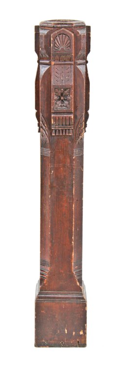 largely intact late 1880's american eastlake darkly varnished oak wood residential boxed newel post with chamfered edges