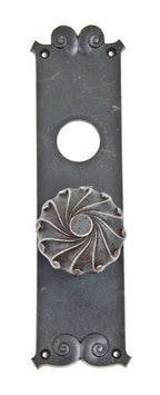 original c. 1890's american ornamental cast iron reliance building office door backplate with matching doorknob