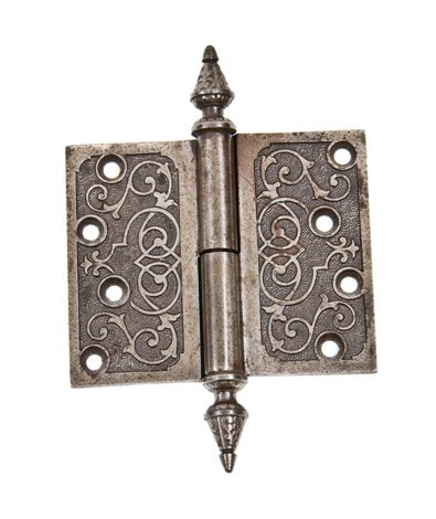 early 1870's ornamental cast iron victorian era loose pin interior residential door hinge with decorative steeple style finials