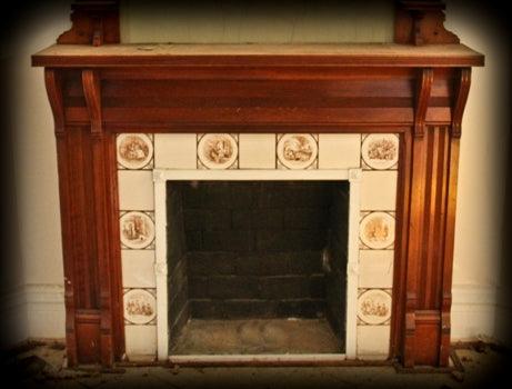 19th century original and intact interior residential pictorial or scenic "barnaby rudge" fireplace surround tile with lightly crazed surface