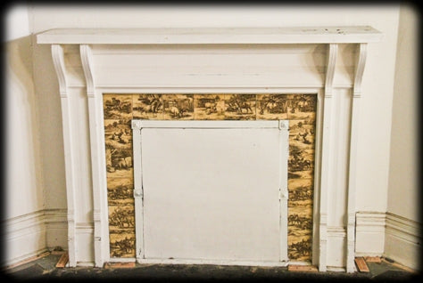 original c. 1880's antique interior residential pictorial transferware minton fireplace surround tile with nicely aged allover crazing